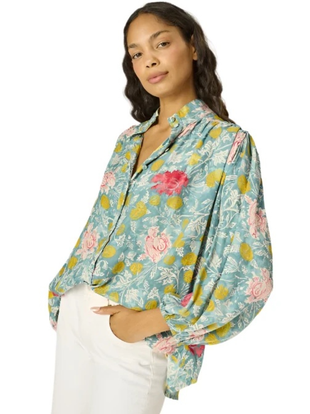 Natalie Martin Silk Tolan shirt NWT Teal Floral Button-Up Blouse